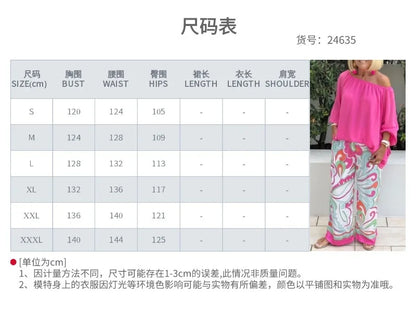 Casual 2-piece Suit Set Women's Sexy Off-shoulder Shirt Blouse Top + Printed Wide-leg Pants Two-piece Suit Spring Autumn 2023