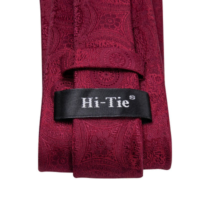 Hi-Tie Mens Gift Tie Set Red Wine Burgundy Paisley Silk Wedding Tie For Men Fashion Design Quality Hanky Cufflink Dropshipping
