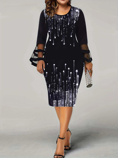 Plus Size Printed Crew Neck Women's Dress Fashion Versatile Party Banquet Elegant Dress
