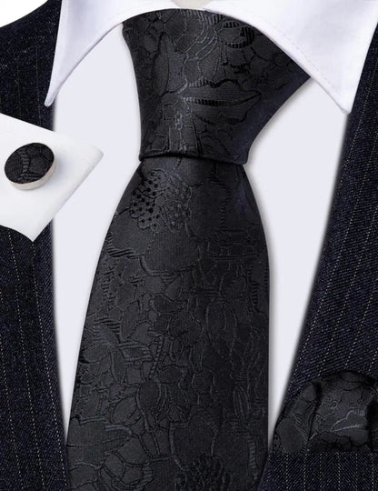 Barry.Wang Black White Gray Silver Silk Men Tie Handkerchief Cufflinks Set Jacquard Necktie for Male Wedding Business Party Gift