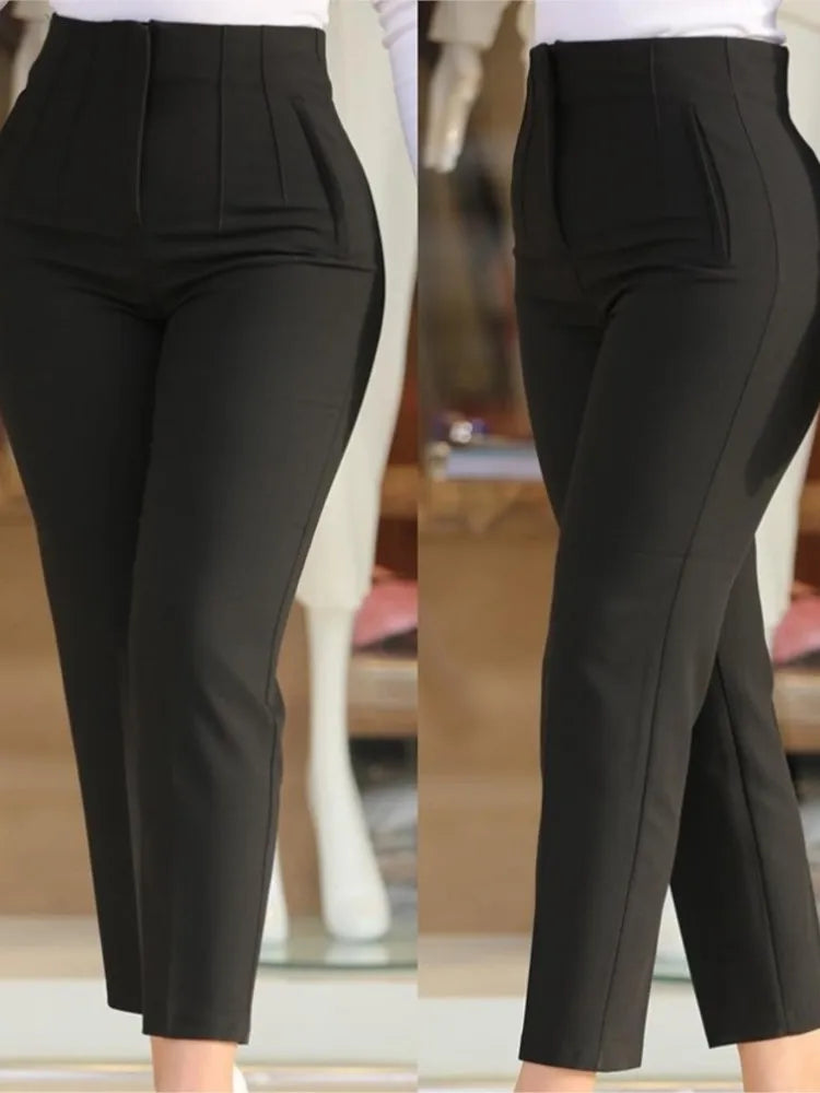 Elegant Pleated Waist Work Pants For Women White All-Match Daily OL Laides Fashion Office Formal Wear High Waisted Trousers