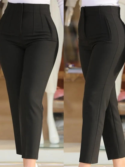 Elegant Pleated Waist Work Pants For Women White All-Match Daily OL Laides Fashion Office Formal Wear High Waisted Trousers