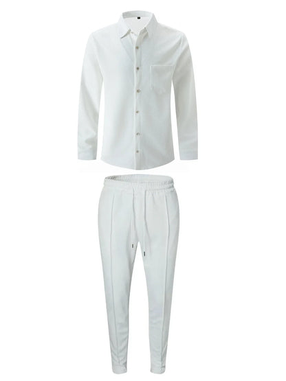 Spring and Autumn Men Waffle Solid Color Two-piece New Trend Lapel Long-sleeved Shirt and Trousers Casual Outdoor Sports Suit
