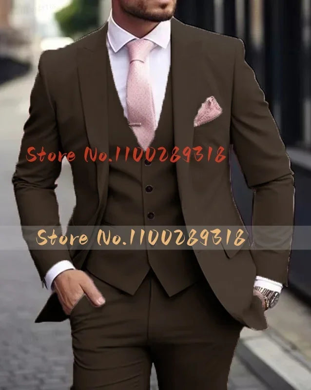 Pink Luxury Men's Suits Terno Formal Outfits 3 Piece Jacket Pants With Vest Slim Fit Luxury Costume Homme Formal Occasion Terno