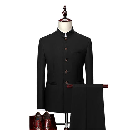 Men's Casual Business Suit (suit + Trousers) Stylish and Handsome with The Trend of Standing Collar Zhongshan Suit Two-piece Set