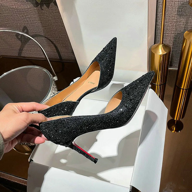 New Full Diamond Shallow Mouth Pumps Pointed Stiletto Leather Sexy Banquet All-Match Wedding Light Luxury Sandals Women'S Shoes