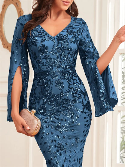 Lucyinlove Luxury Champagne Evening Dresses For Women 2025 Long Sleeve Mermaid Formal Sequins V-neck Prom Wedding Party Gowns