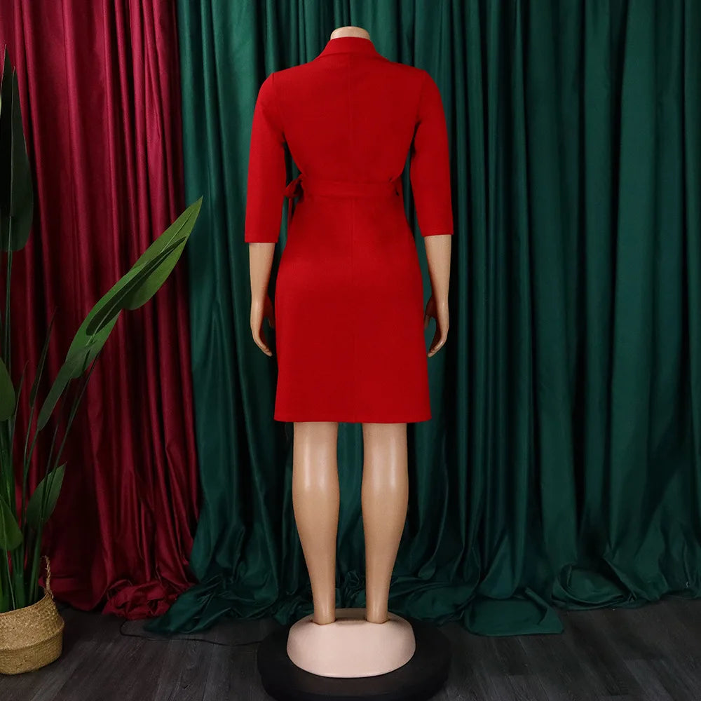 FairyShely 2025 Summer Solid Plus Size Folds Dress Women Long Sleeve Large Big Dresses Lady Belt Party Tight Curvy Short Dress