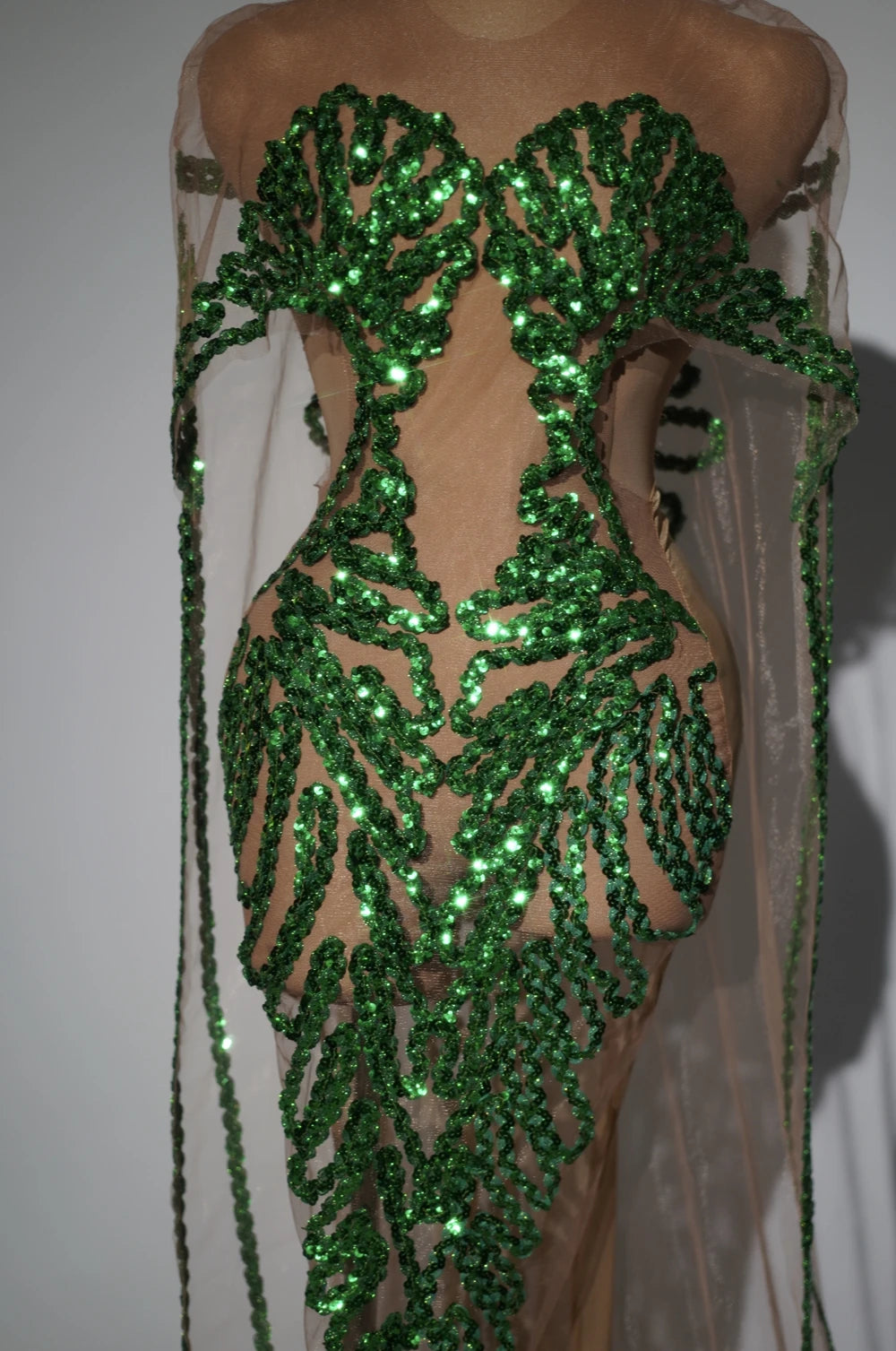 Sparkly Green Sequins Cloak Sexy Mesh Transparent Celebrate Evening Prom Birthday Long Dress Photo Shoot Singer Show Stage Wear