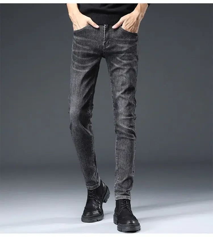 New Trendy Black Grey Jeans For Men Elastic Slim Fit Smooths Your Silhouette Casual Style Korean Version Versatile Long Pants