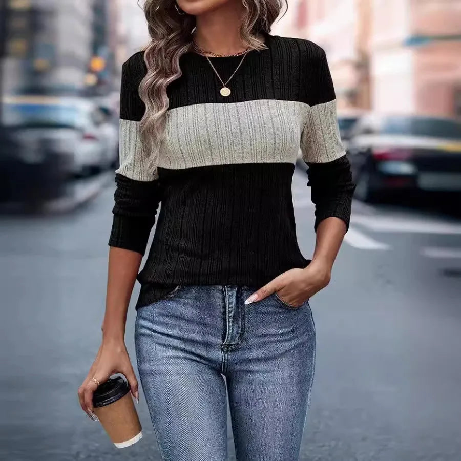Women Tops Knitted Round Neck Full Sleeve Slim Fit Casual Regular Top Splice Tees Pleated Elegant T Shirts Autumn 2024