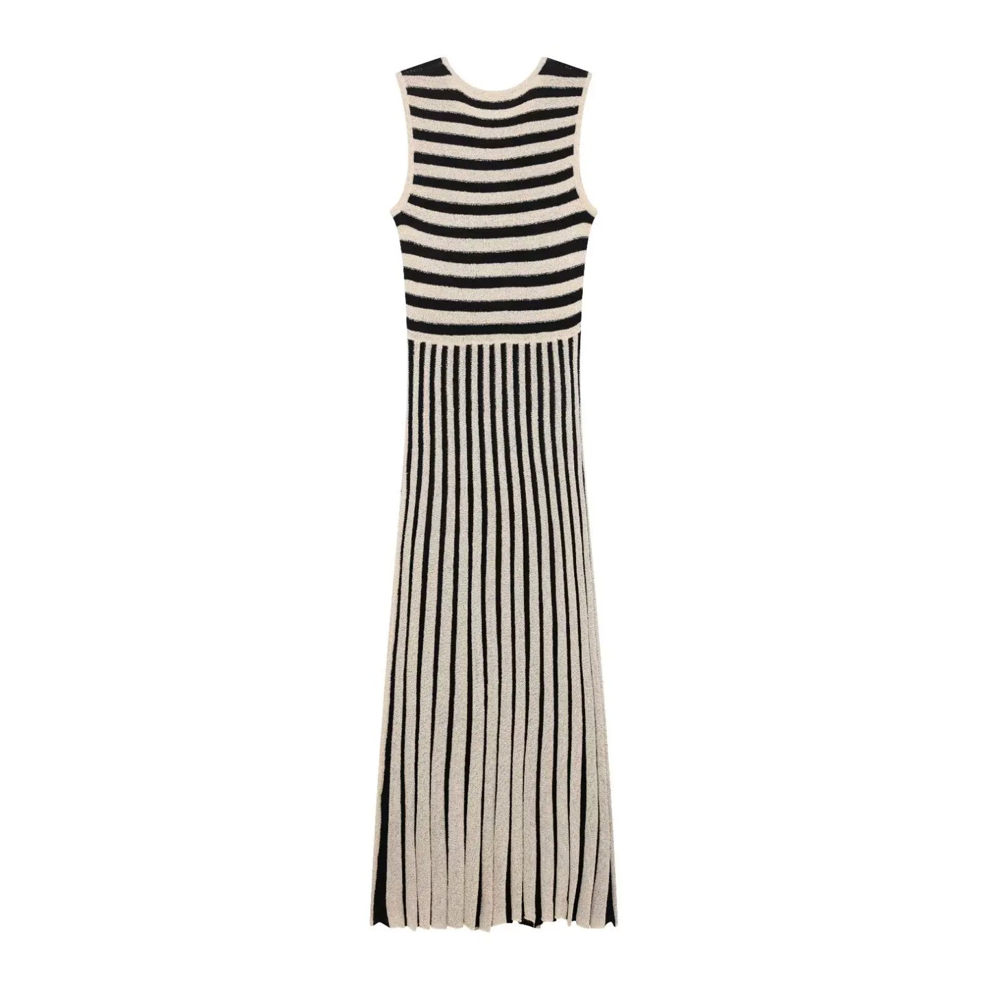 Spring Summer Women Casual Dress Striped Print Dress Round Neck Sleeveless Elastic Office Ladies Dresses Female Long Robe