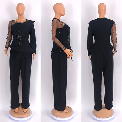 CM.YAYA Vintage Women  Beading Mesh Patchwork Ruffles Fan-shaped Blazer Tops and Pants Suit Two 2 Piece Set Outfits Tracksuit