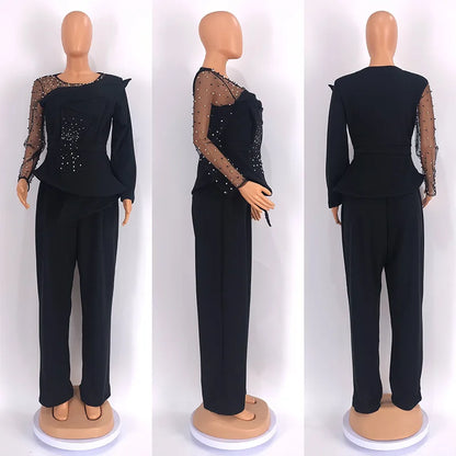 CM.YAYA Vintage Women  Beading Mesh Patchwork Ruffles Fan-shaped Blazer Tops and Pants Suit Two 2 Piece Set Outfits Tracksuit