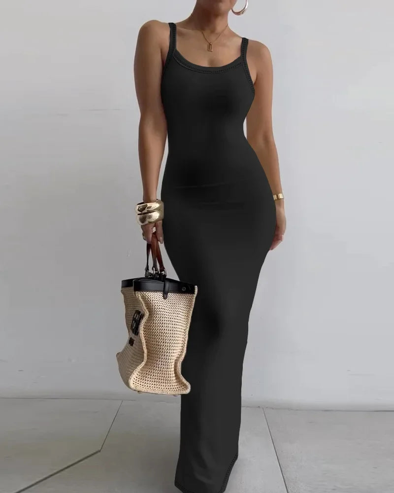 CM.YAYA Summer Women Sleeveless Strap O-neck Sexy 2024 Summer Long Evening Dress Knit Ribbon Night Club Party Maxi Dresses