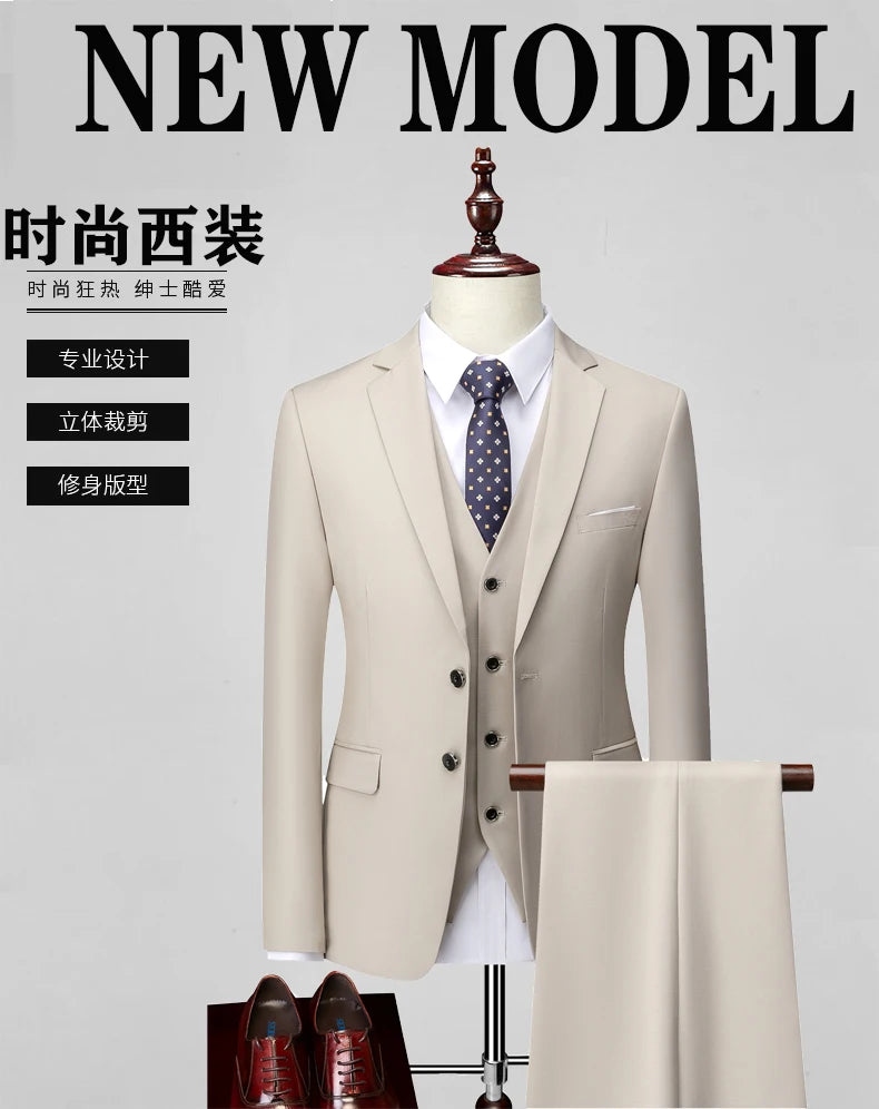 3 Pcs Suits Set Blazers Jacket Pants Vest / 2023 Fashion New Men Casual Boutique Business Slim Dress Formal Coat Trousers