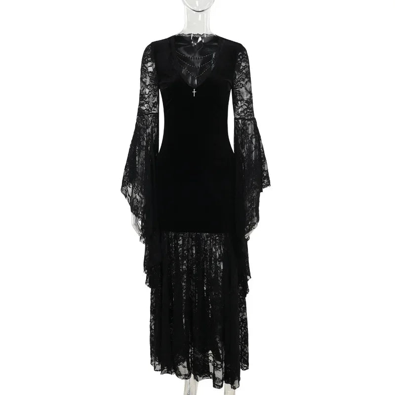 Y2K Goth Floral Lace Mesh Flared Sleeve Bodycon Party Dresses Sexy Vintage Elegant Black Velvet V-Neck Long Dress Partywear