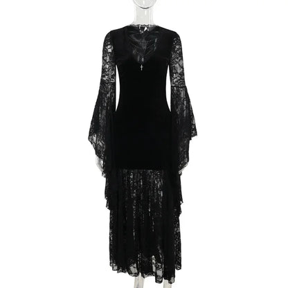 Y2K Goth Floral Lace Mesh Flared Sleeve Bodycon Party Dresses Sexy Vintage Elegant Black Velvet V-Neck Long Dress Partywear