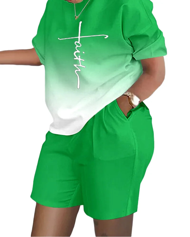 Casual Loose Short Sleeve Tshirt Shorts Set Office Lady Summer Fashion O-neck Colorful Print Two Piece Set Women Outfit 2023