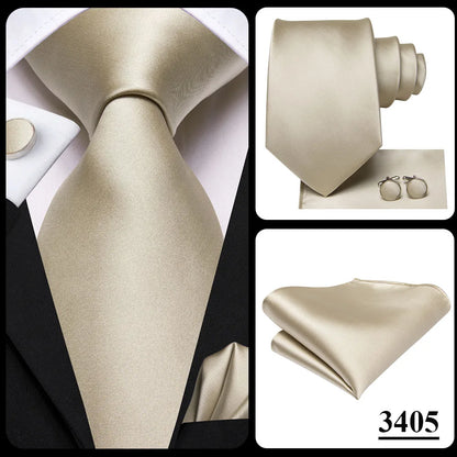 Hi-Tie Champagne Gold-color Silk Mens Elegant Ties Fashion Mens Necktie Pocket Square Cufflinks Set Business Party Wedding