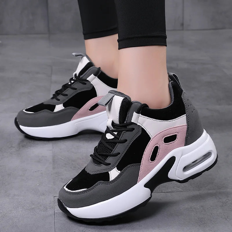 Women Air Cushion Shoes Casual Sport Sneakers Height Increase Black Grey Walking Shoes Fashion Lace-up Shoes