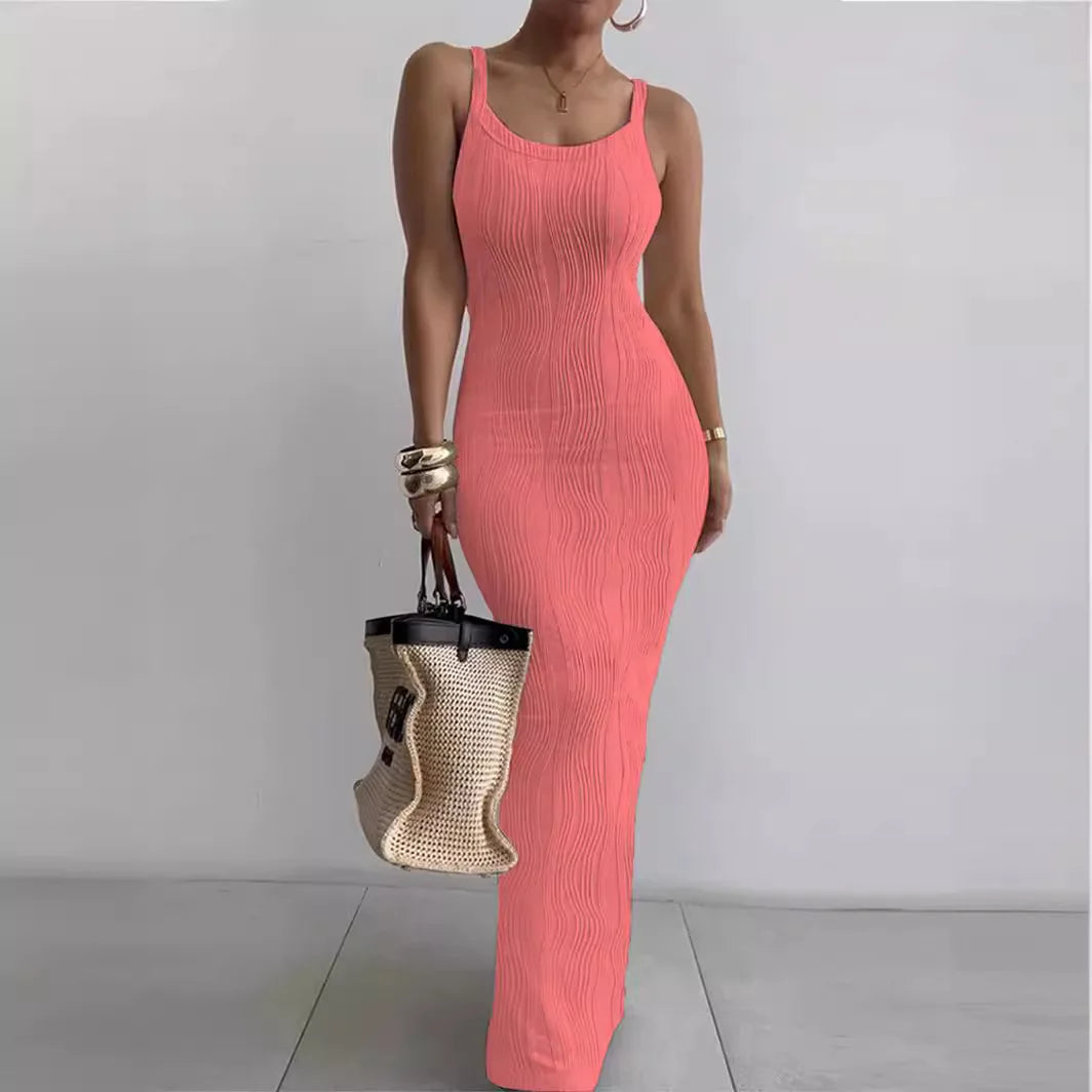 CM.YAYA Summer Women Sleeveless Strap O-neck Sexy 2024 Summer Long Evening Dress Knit Ribbon Night Club Party Maxi Dresses