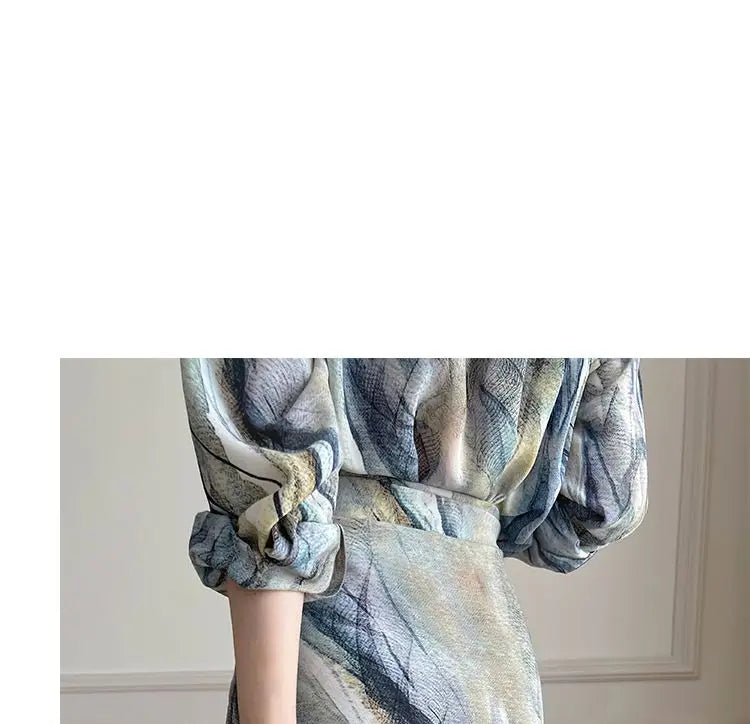 Spring Autumn New Fashion Dress Sets Women Turn-down Collar Long Sleeve Button Printing Shirt Lacing Mid-length A-line Skirt