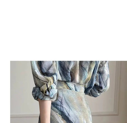 Spring Autumn New Fashion Dress Sets Women Turn-down Collar Long Sleeve Button Printing Shirt Lacing Mid-length A-line Skirt