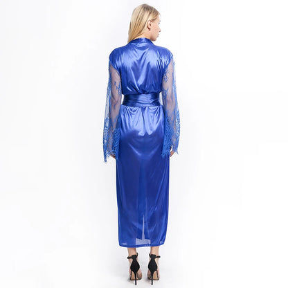 Womens Nightdress Sexy Long Lace Lingerie Nightwear Bath Robe Gown Imitation Ice Silk Nightdress Solid Color Nightgown