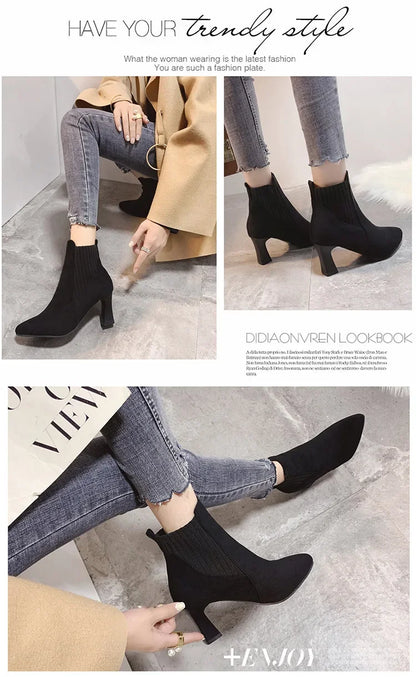 Ankle Boots Women 2024 Autumn Pointed Toe Knitted Warm Elastic Women's Shoes Casual High Heels Platform Boots Botas De Mujer