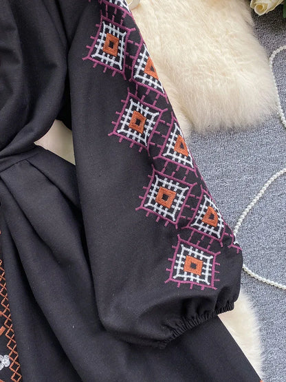 Women's Spring Dress Bohemian Retro Ethnic Style Diamond Cotton Linen Blend Embroidered Lantern Sleeves Mini Dress DS003