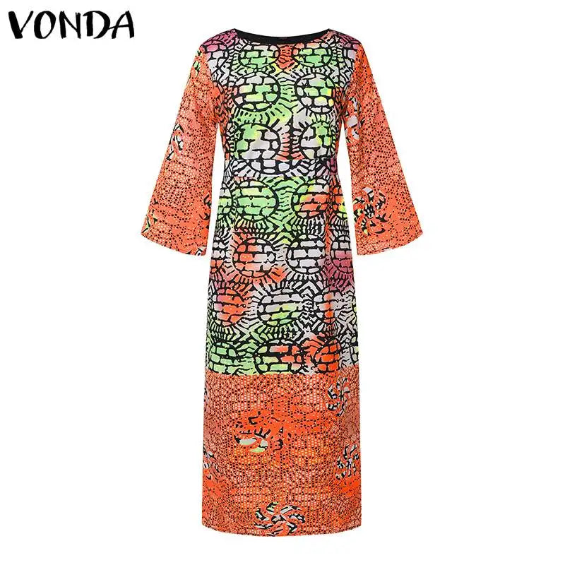 VONDA Women Dresses Bohemian Printed Long Flare Sleeve Vestidos 2024 Causal Sundress Robe Round Neck Loose Robe Oversized