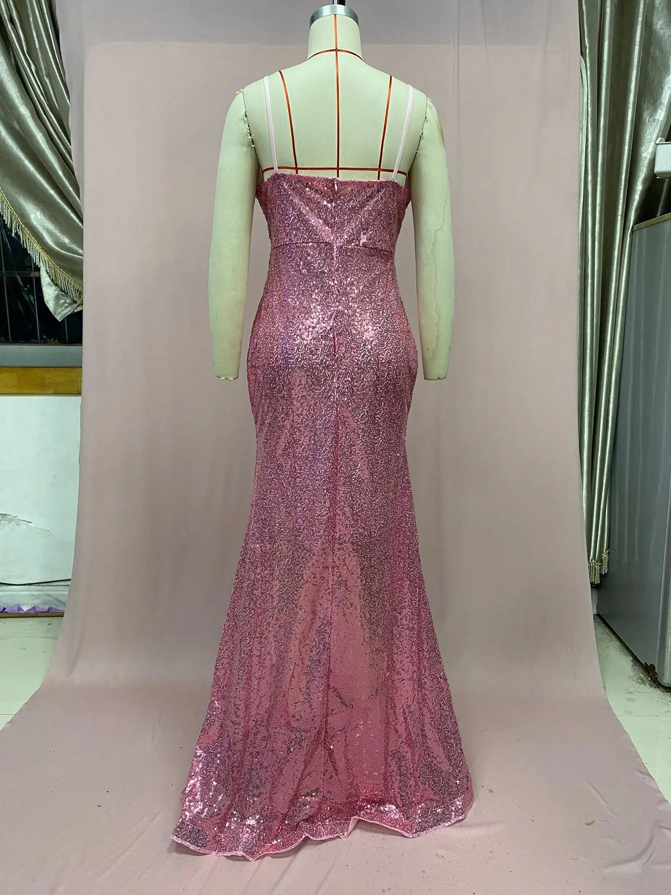 Sexy Sleeveless V-neck High Waist Slit Formal Occasion Evening Dress Fashion Pink Sequins Slim Long Elegant Party Dresses Women