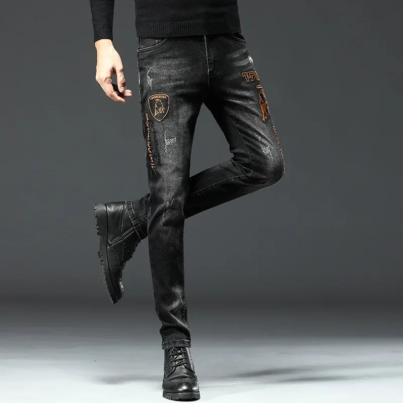 Trendy Black Embroidered Jeans For Men Casual Comfortable Slim Fit Printed Flexible Small Footwear Youth Fashion