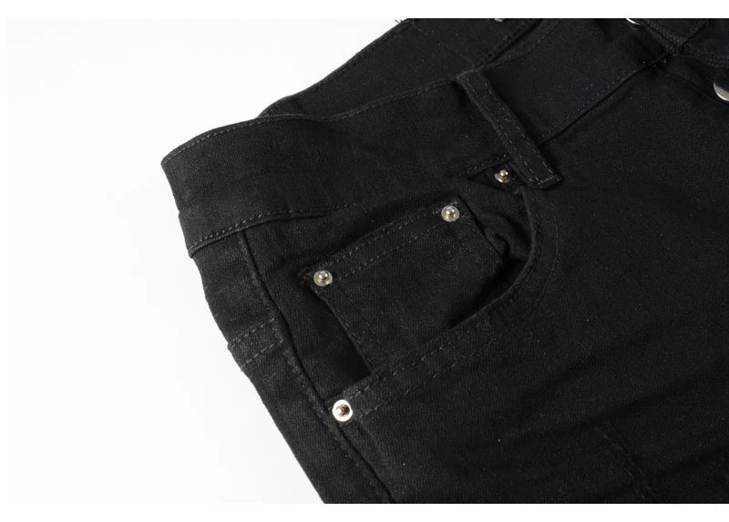 High street fashion new men's black jeans stretch slim fit retro washed leather patch jeans hip-hop brand designer pants Hombre