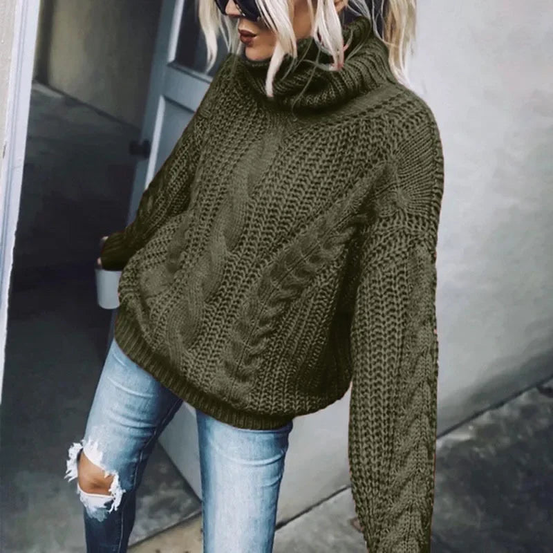 Women Knit Sweaters Full Sleeve Turtleneck Pullover Jumpers Casual Solid Sweater Thick Splice Lady Vintage Winter 2024
