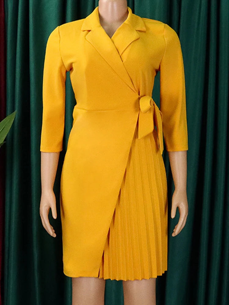 FairyShely 2025 Summer Solid Plus Size Folds Dress Women Long Sleeve Large Big Dresses Lady Belt Party Tight Curvy Short Dress