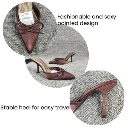 Bow High Heels Slippers Women Pointed Toe Mules Shoes Sexy 2025 Summer Dress Party Stilettos Sandals Woman Slides Trend Pumps