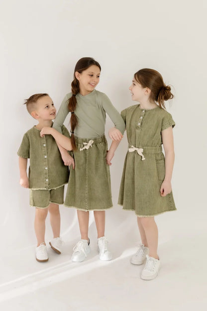 AP 2025 SS washed green denim Fringe collection boys girls fashion cotton jeans dress shirt skirt family clothing