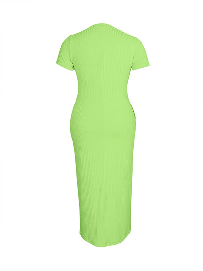 Plus Size 2024 Summer New Round Neck Short Sleeve Slim Hottie  Ladies' Stylish Summer Solid Versatile Bodycon Dress