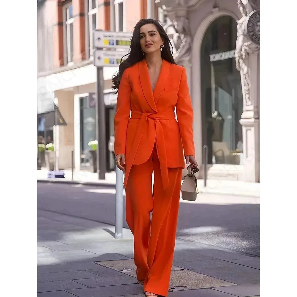 Office Ladies Solid Colour Suit Suit Women's Long Sleeve V-Neck Pleated Suit + High Waisted Wide Leg Trousers 2024 Fashion Suit