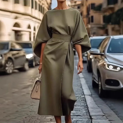 Spring Fashion Solid Color Dress Women Sexy Round Neck Bat Sleeve High Waist Dress Elegant Commuting Dresses for Women Summer