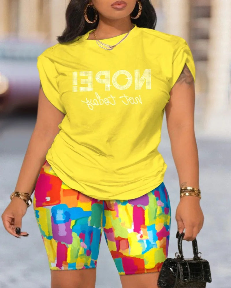Two Piece Short Sets Print Letter Round  Neck T Shirts High Waist Pants Splice Tops Pullover Summer Ladies Beach Style