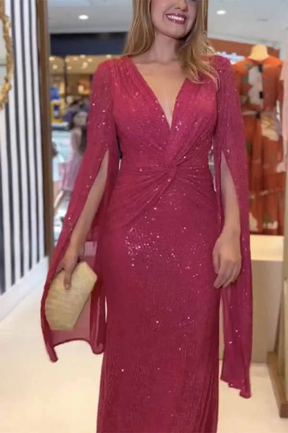 Autumn Winter Luxurious Sexy Sequins Cocktail Party Dress Prom Gown Cloak Sleeve V Neck Folds Corset Evening Floor Length Dress