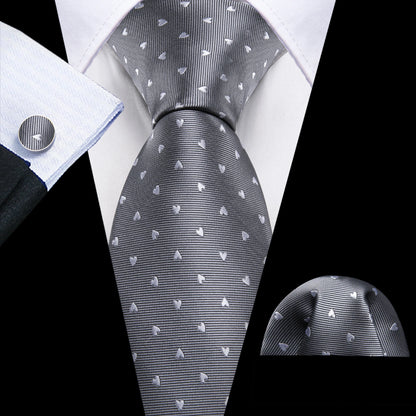 Barry.Wang Black White Gray Silver Silk Men Tie Handkerchief Cufflinks Set Jacquard Necktie for Male Wedding Business Party Gift