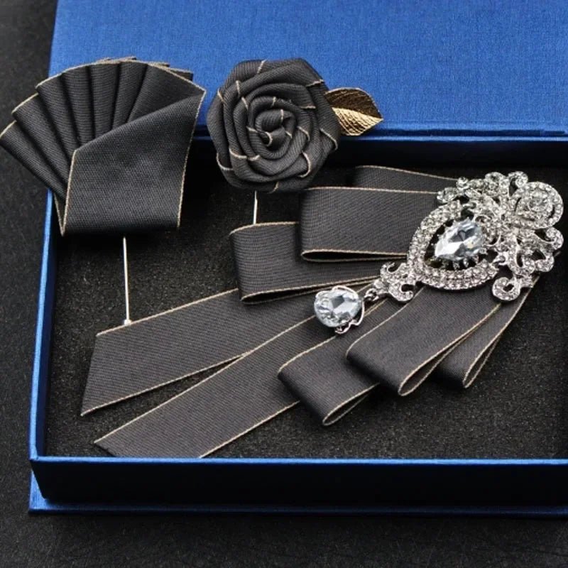 Fashion Handmade Bow Tie Wedding Collar Luxury Rhinestone Bowtie Necktie Brooch Pocket Towel Square Set Gift for Men Accessories
