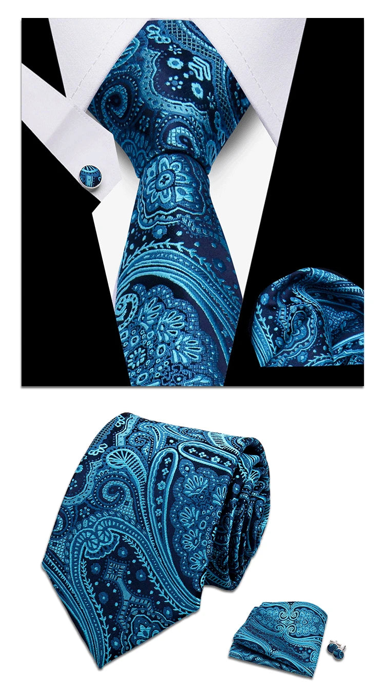 Classic Elegant Ties For Men Fashion Gifts Striped Solid Necktie Handchief Cufflink 3 Pcs Set Wedding Business Suit Accessories