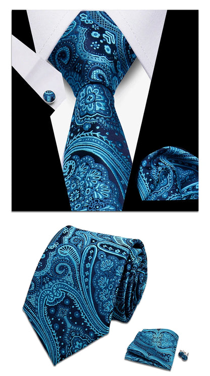Classic Elegant Ties For Men Fashion Gifts Striped Solid Necktie Handchief Cufflink 3 Pcs Set Wedding Business Suit Accessories