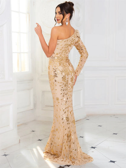 Gold Sequined Ruffle One Shoulder Evening Dress Floor Length Long Sleeve Event Gown