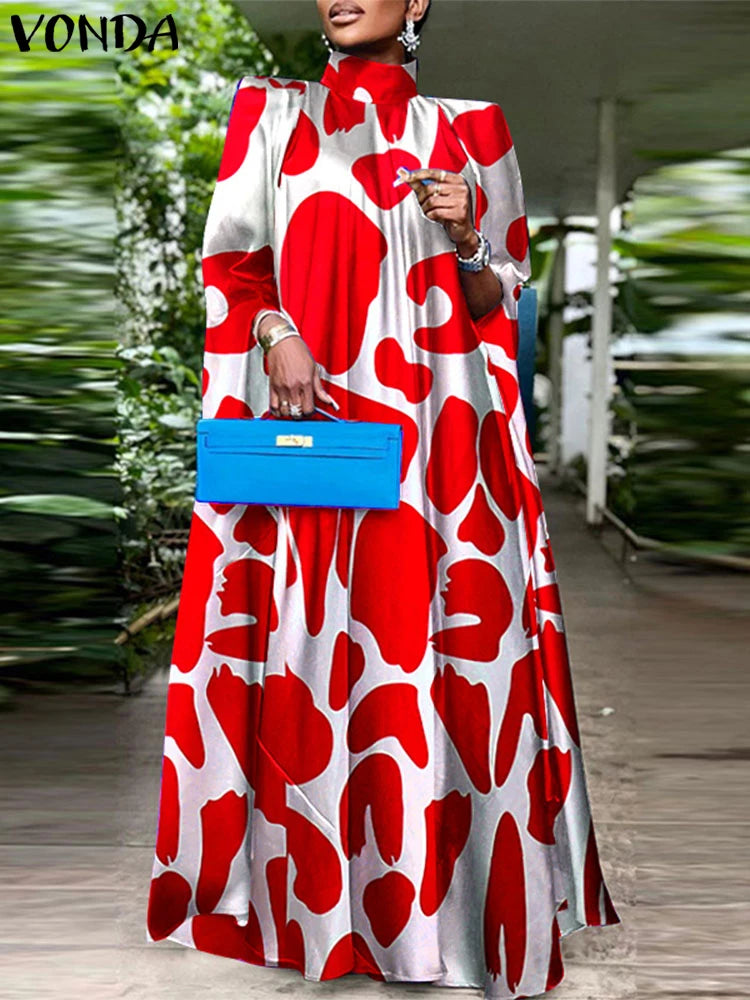 VONDA Women Elegant Printing Maxi Long Dress 2024 Casual Stand Collar Robes Bohemian Bat-wing Sleeve Party Vestidos Oversized